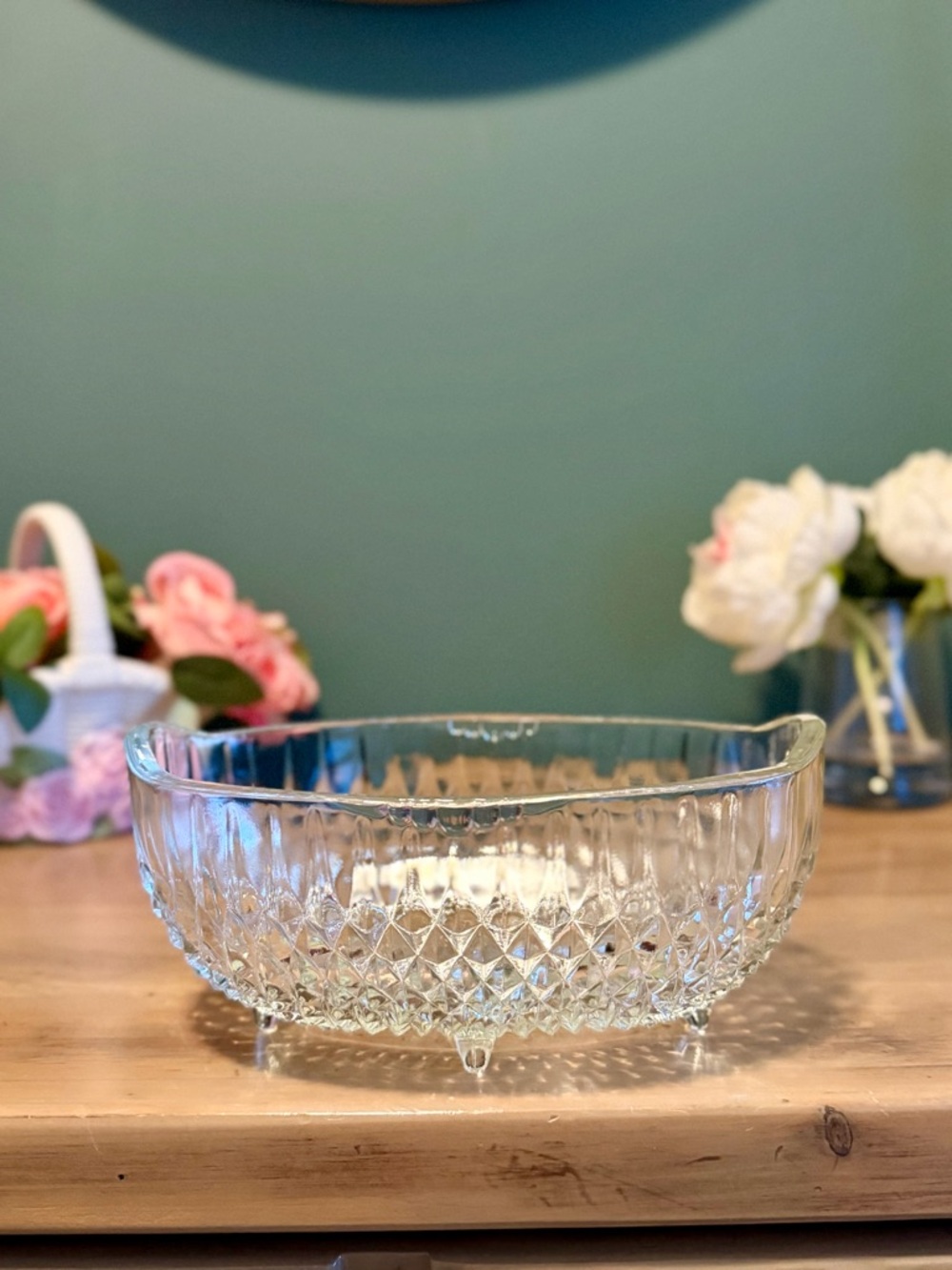 Vintage Indiana Glass Diamond Point Footed Oval Bowl Clear Pressed